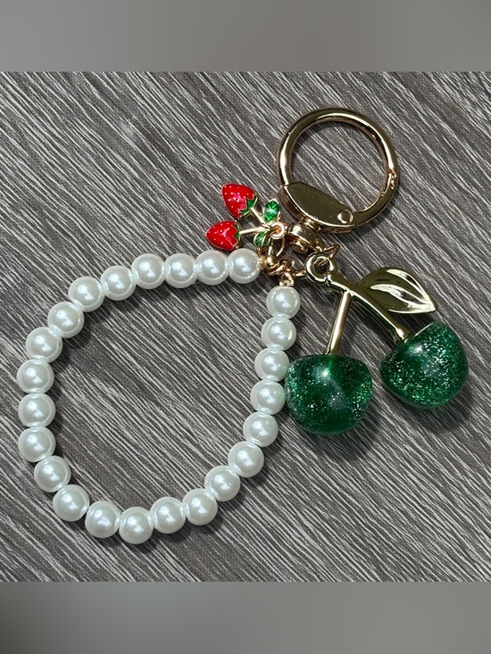 Accessories - Pearl Beaded Wristlet Keychain with Green Glitter Cherry Charm
